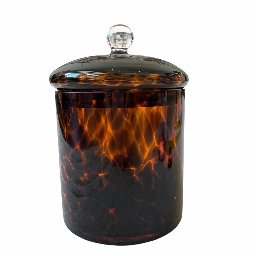 Jonathan Adler Brown Tortoise Shell Glass Canister Jar w/ Lid 7in Chic Decor NEW